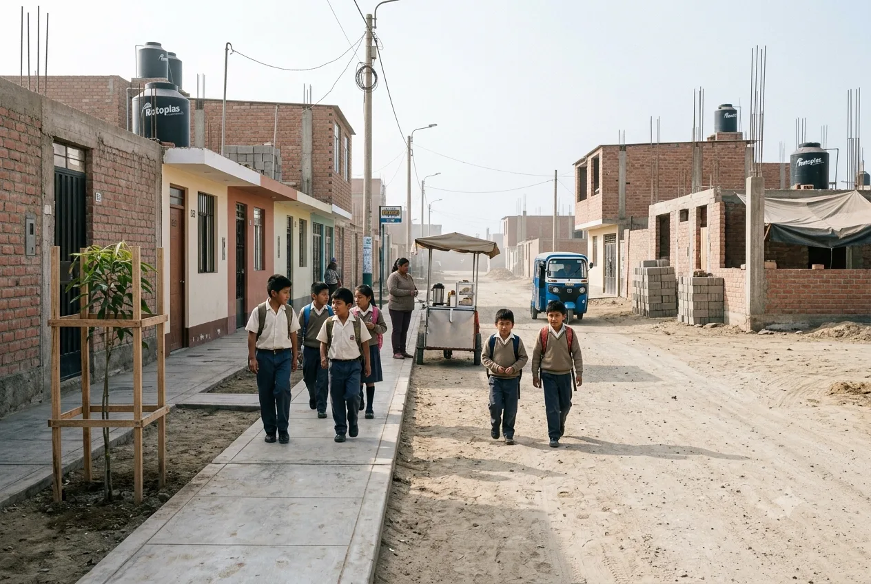 Escolares caminan junto a viviendas en construcción y una mototaxi