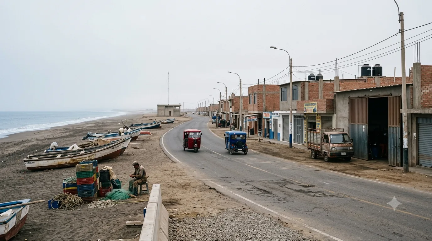 Carretera junto al mar con mototaxis, talleres y embarcaciones