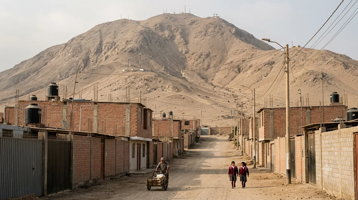 Calle residencial sin pavimentar con viviendas y cerros al fondo