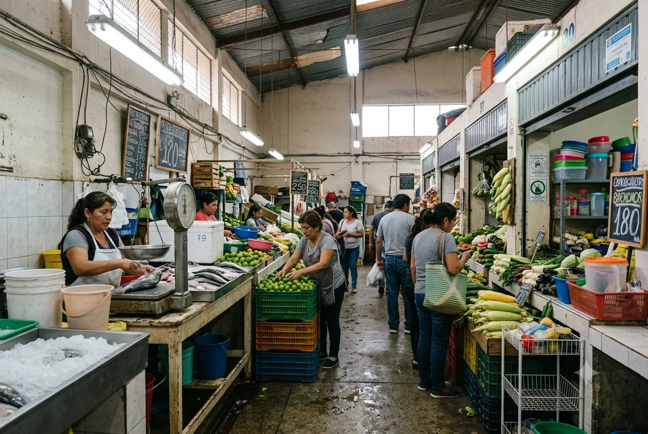 Puestos de pescado, frutas y verduras en el interior del Mercado Municipal