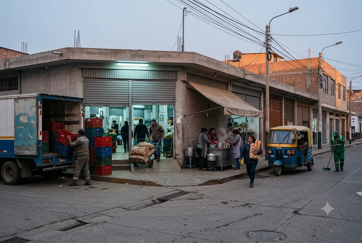 Comerciantes descargan cajas frente al Mercado Municipal al amanecer