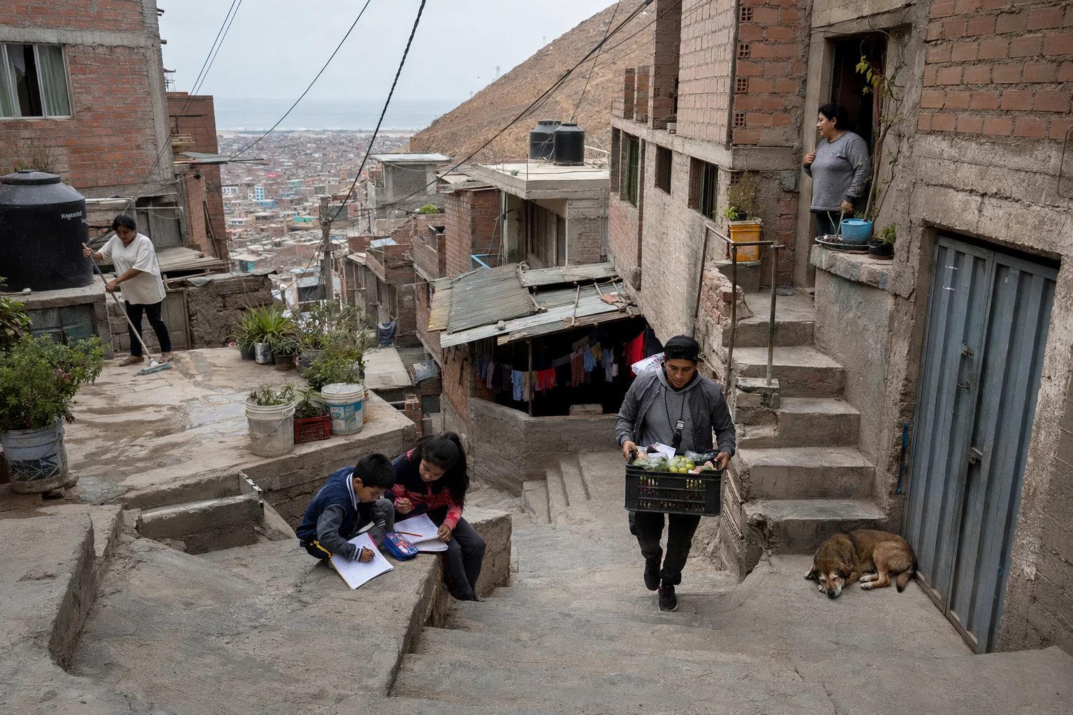 Escaleras, viviendas y residentes en la ladera de El Alto