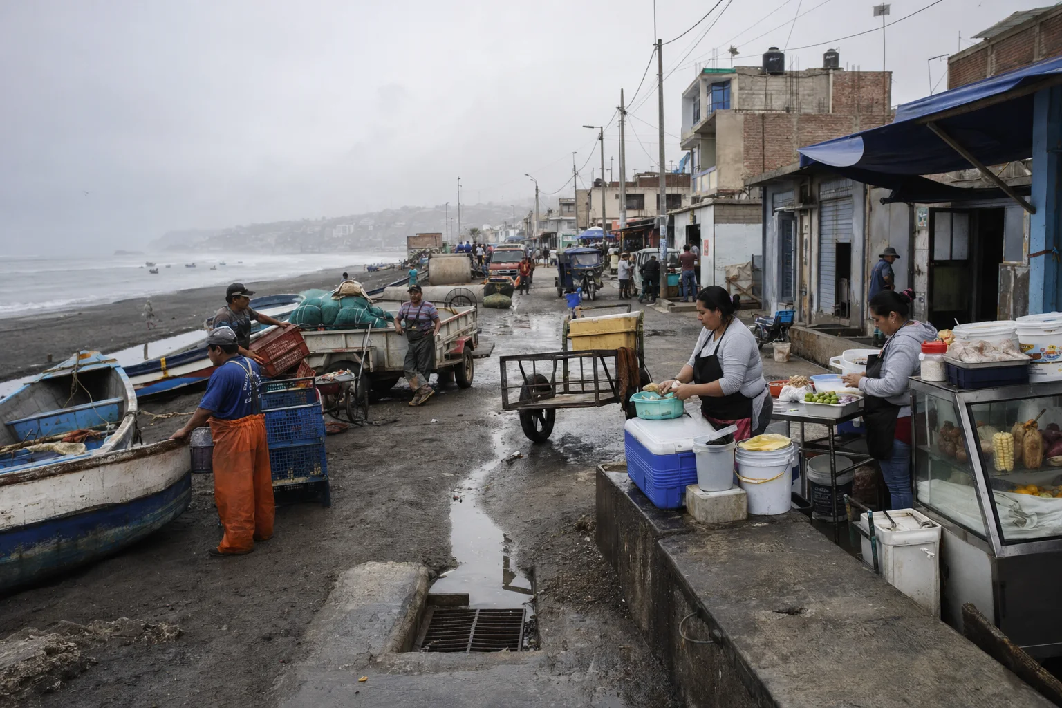 Pescadores, vendedores y embarcaciones en el sector de La Playa