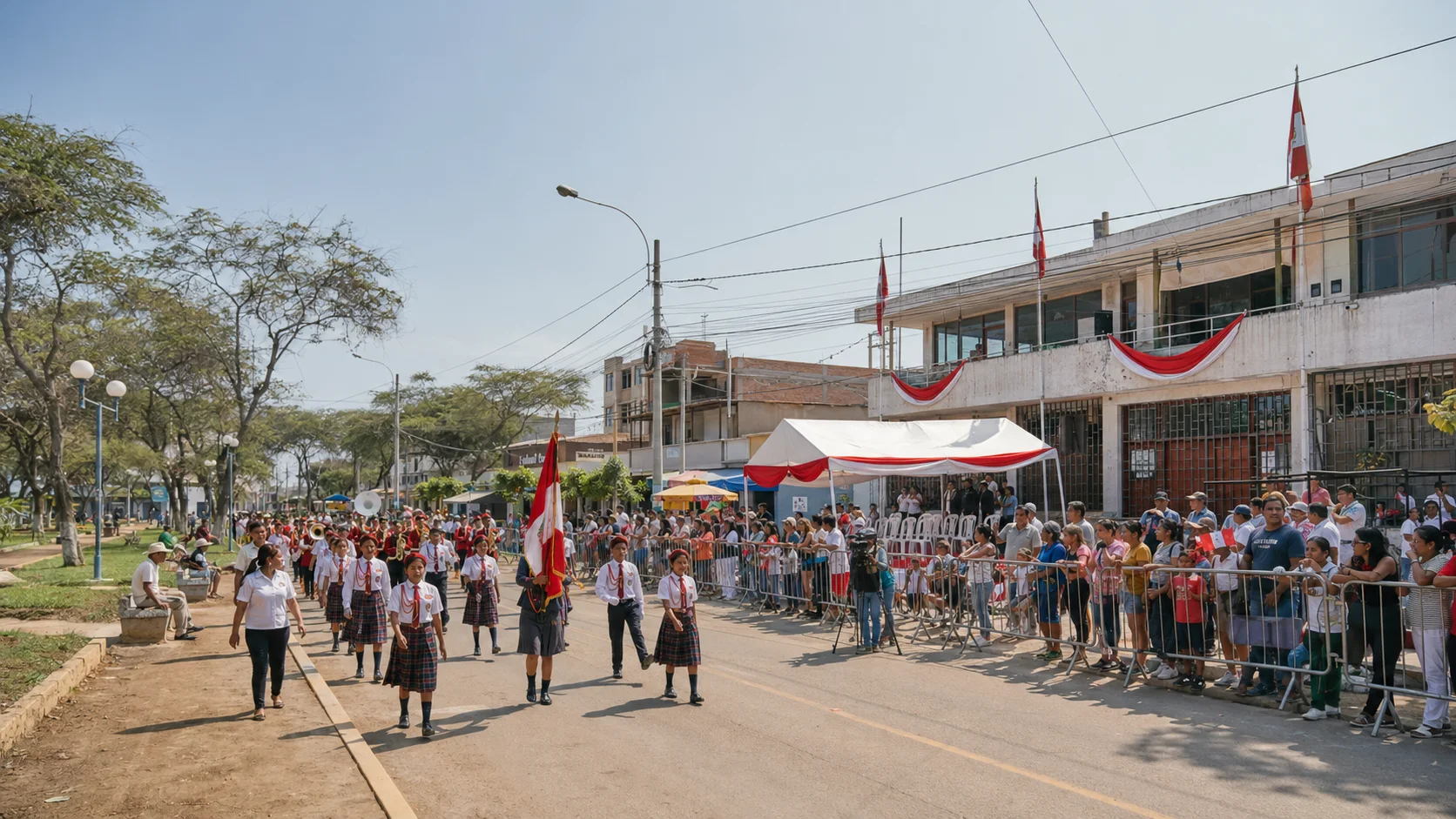 Desfile escolar y comunitario frente a la Municipalidad por el aniversario de San Desvelo