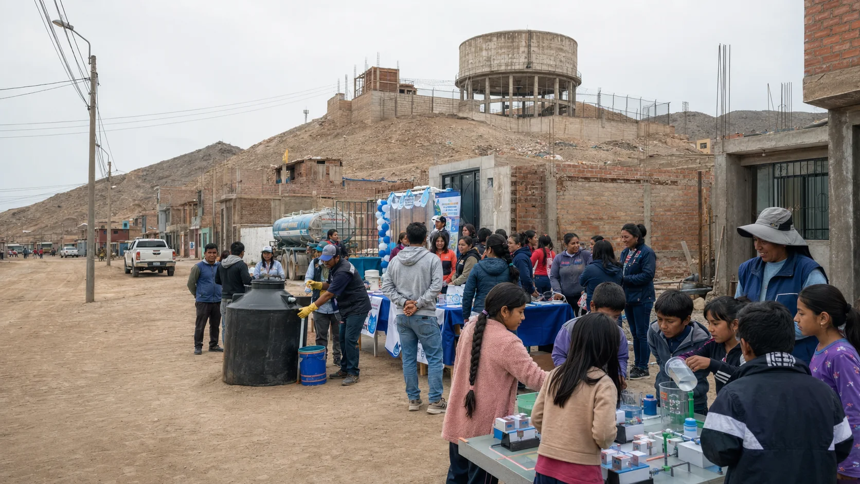 Escolares y personal municipal durante una demostración sobre el uso del agua en Los Pinos