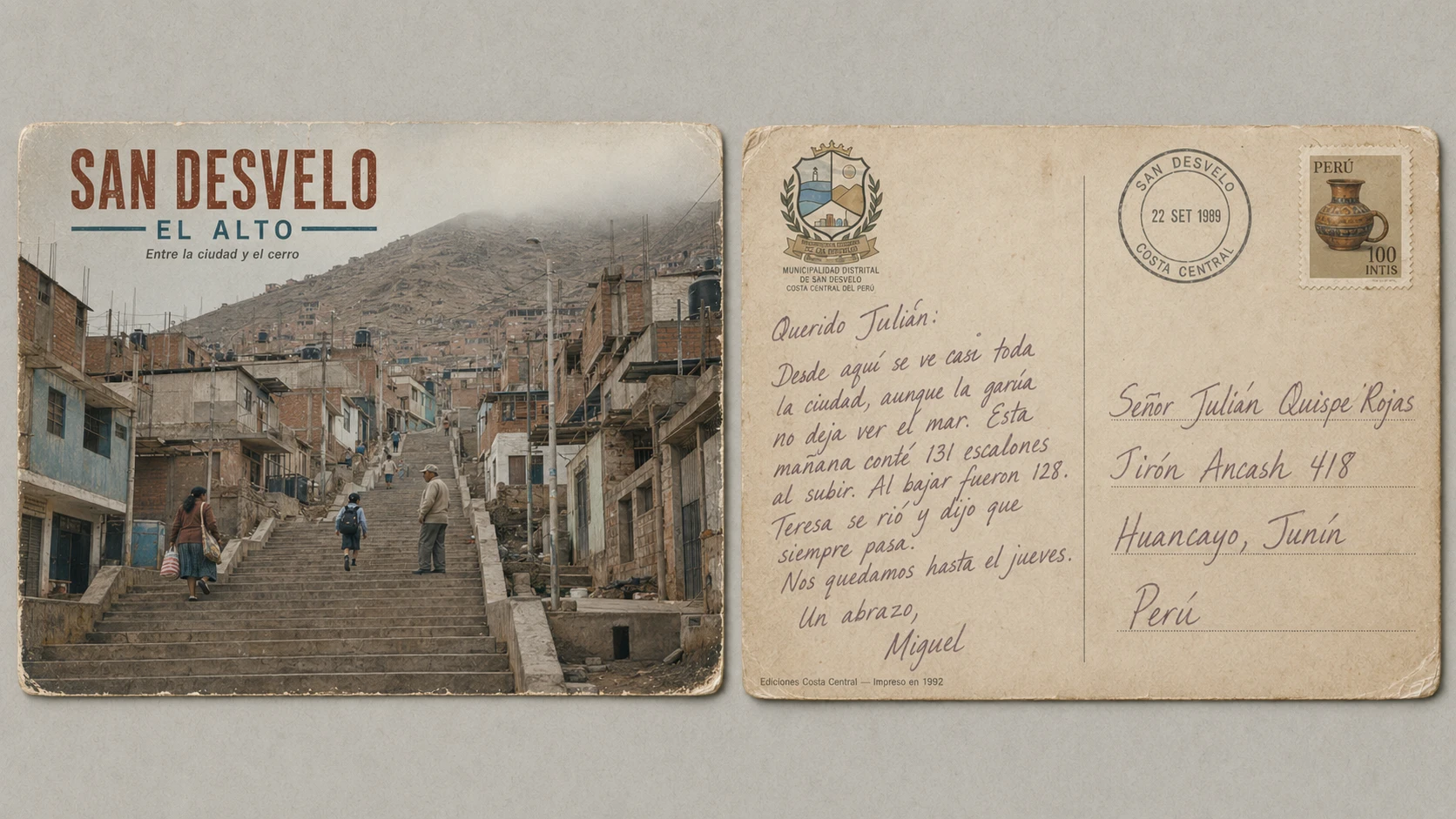 Anverso y reverso de una postal con la escalinata de El Alto y un mensaje dirigido a Huancayo