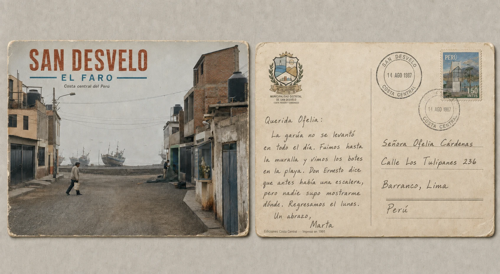 Anverso y reverso de una postal con una calle de El Faro y un mensaje dirigido a Barranco