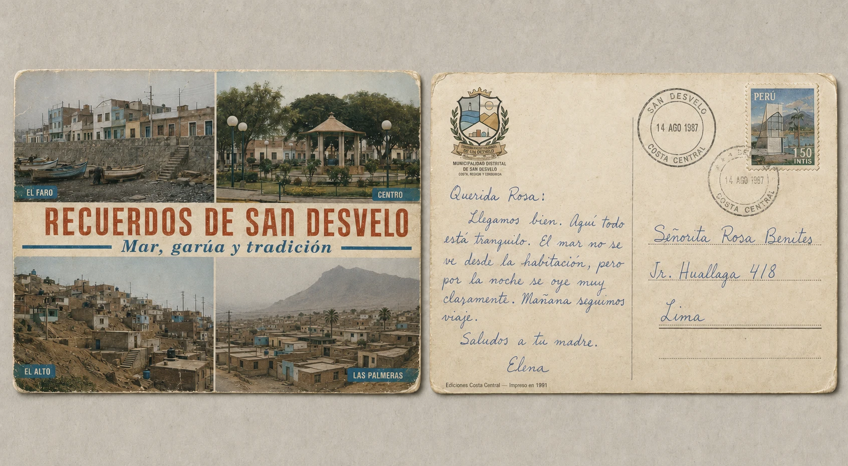 Anverso y reverso de una postal con cuatro vistas de San Desvelo y un mensaje dirigido a Lima