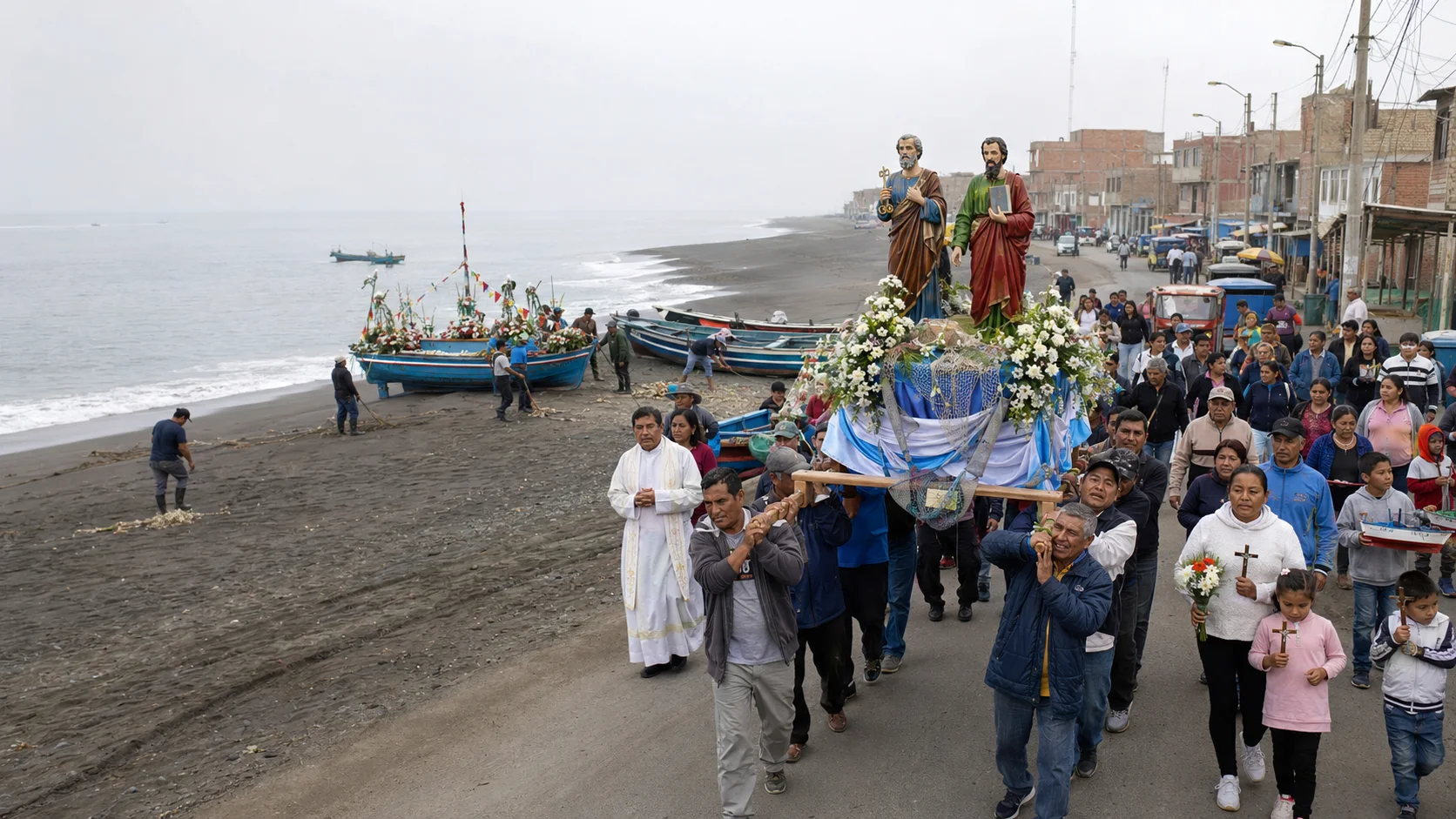 Procesión de San Pedro y San Pablo junto a las embarcaciones de pesca